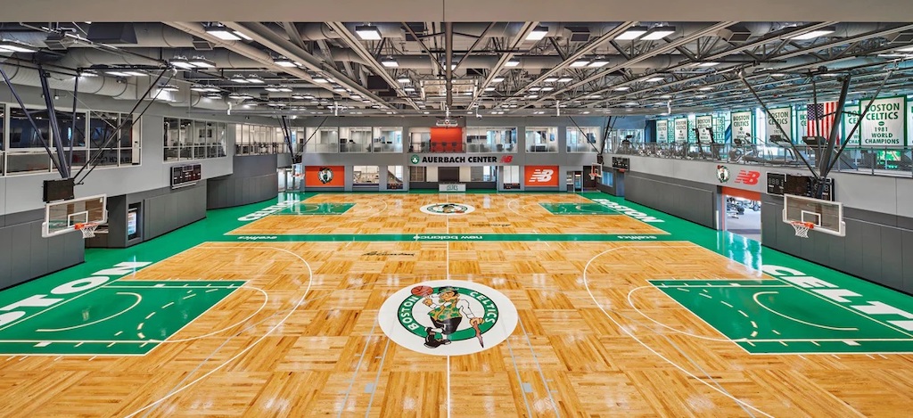 inside view of celtics auerbach center basketball courts