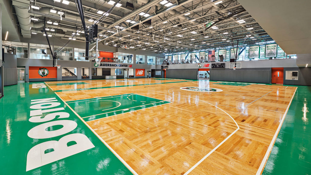 inside view of celtics auerbach center basketball courts